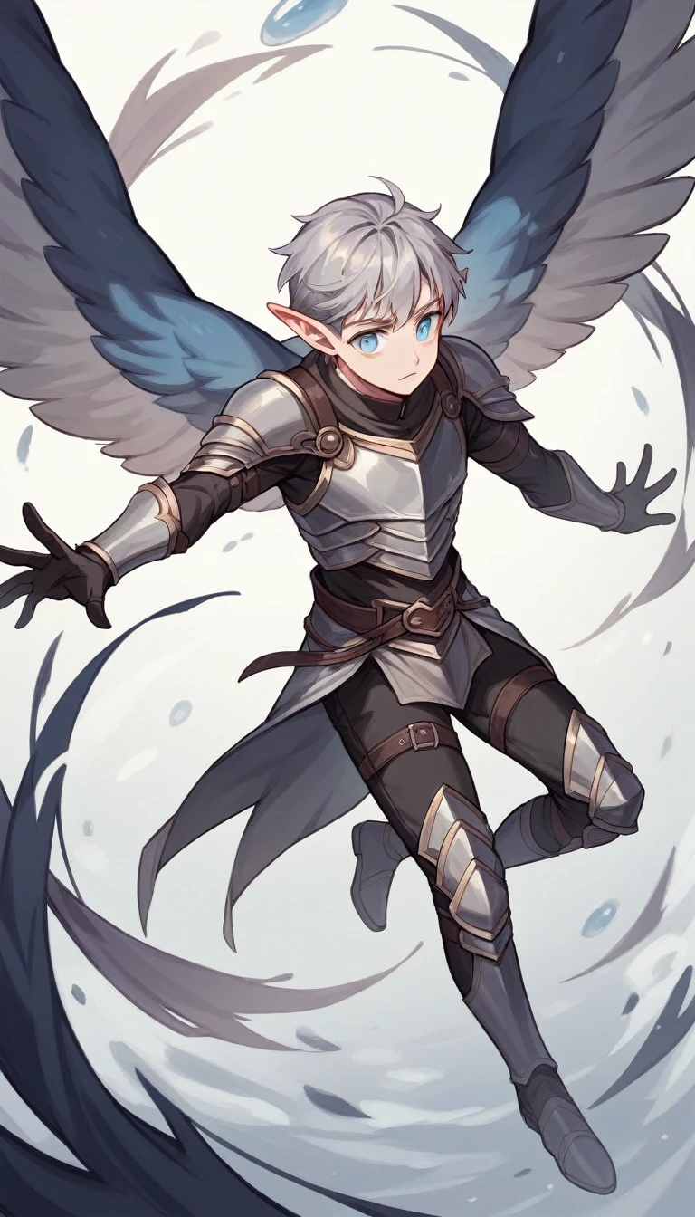 A pale-skinned elf, snowy-gray hair and round lilac eyes, with pointy ears. He wears armor adjusted to his slender silhouette and has large wings., suitable for flying.A pale-skinned elf, snowy-gray hair and round lilac eyes, with pointy ears. He wears armor adjusted to his slender silhouette and has large wings., suitable for flying.