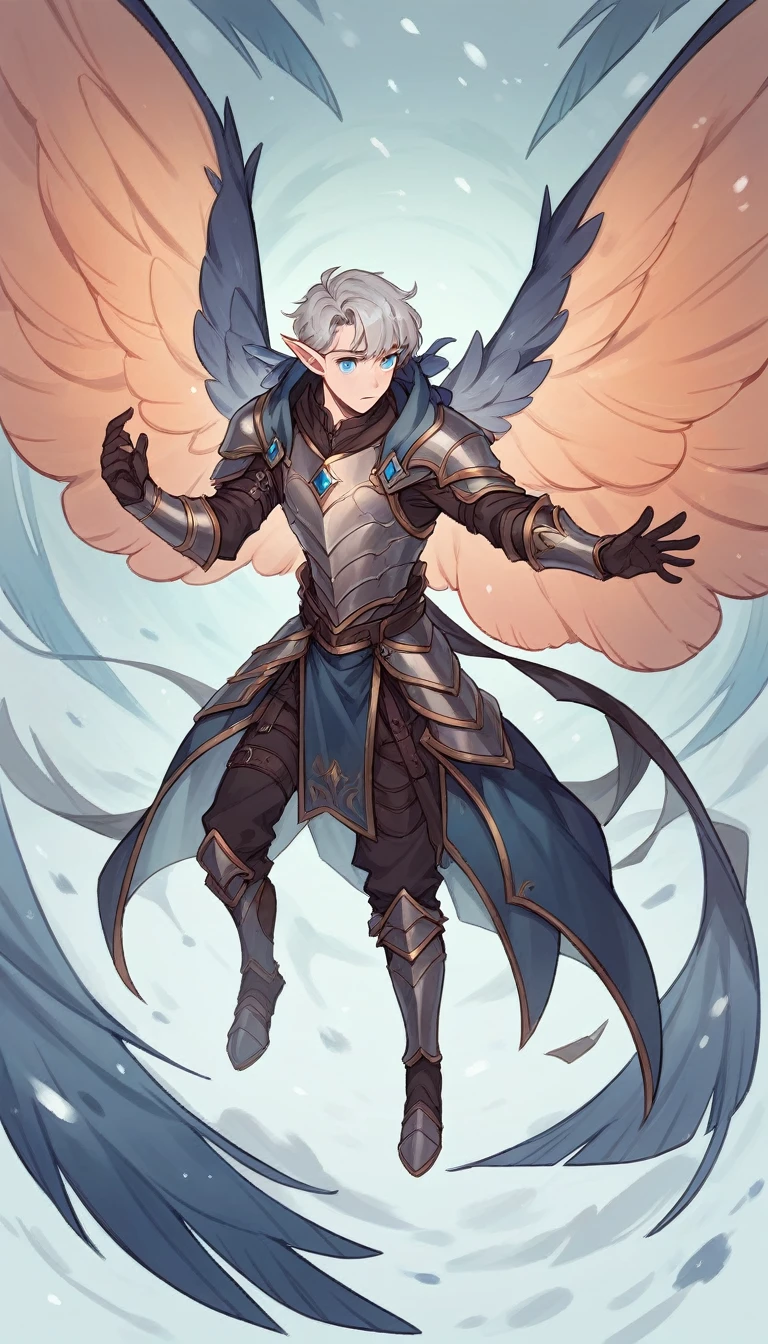 A pale-skinned elf, snowy-gray hair and round lilac eyes, with pointy ears. He wears armor adjusted to his slender silhouette and has large wings., suitable for flying.A pale-skinned elf, snowy-gray hair and round lilac eyes, with pointy ears. He wears armor adjusted to his slender silhouette and has large wings., suitable for flying.