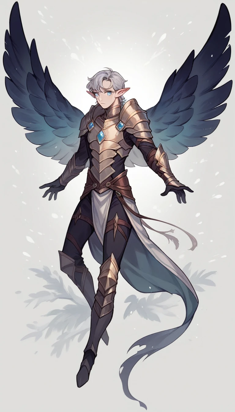 A pale-skinned elf, snowy-gray hair and round lilac eyes, with pointy ears. He wears armor adjusted to his slender silhouette and has large wings., suitable for flying.A pale-skinned elf, snowy-gray hair and round lilac eyes, with pointy ears. He wears armor adjusted to his slender silhouette and has large wings., suitable for flying.