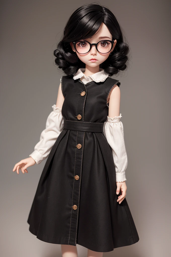 Generate an image of a Blythe doll with shoulder-length curly black hair, round glasses, Caucasian skin, any clothes, any background and neutral expression