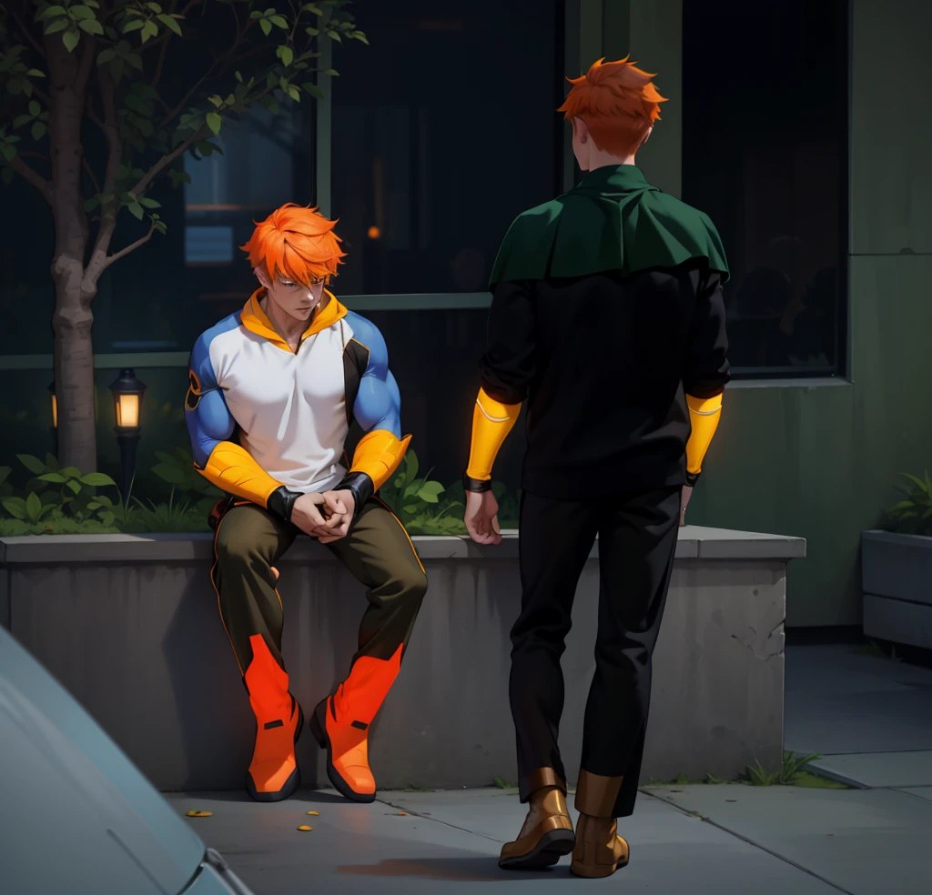 There are two young men of 17, one sitting with orange hair and the other walking towards him., They both have superhero costumes, they have golden superhero boots, the clothes are tight to the body, you can see some muscles on them.