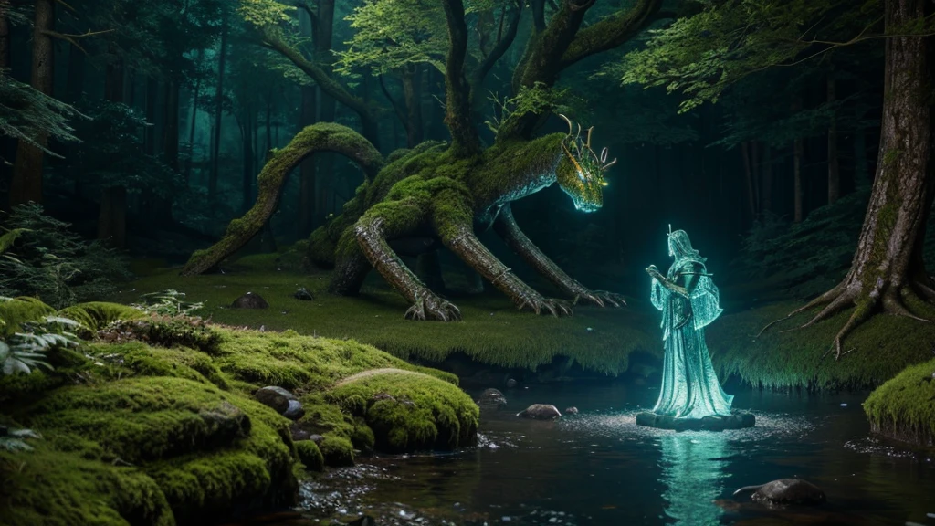 giant beautiful lady stone statue, glowing moss, night forest, glowing insects, water stream, hidden abandoned place, dnd, elden ring, fantasy setting, hd, unreal engine render, ray tracing, artstation, medieval setting, magic, closeup look