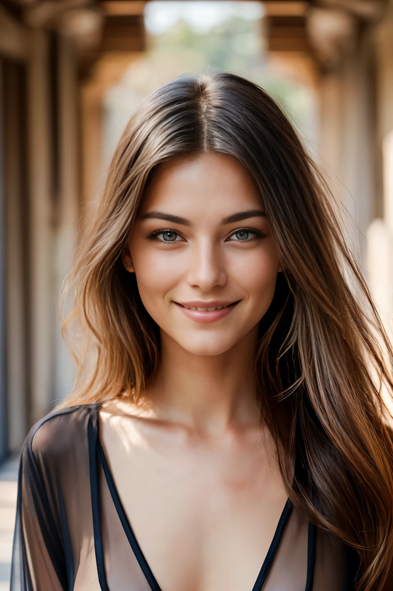 Naturalistic photo of beautiful girl, wearing loose sheer top dress, leaning forward, long flowing hair, large bust, eyes locked on camera, wispy smile, symmetrical realistic eyes, symmetrical face, realistic, photo, path tracing, specular lighting, Volumetric face light, path traced hair, beautiful shining eyes, complex, elaborate