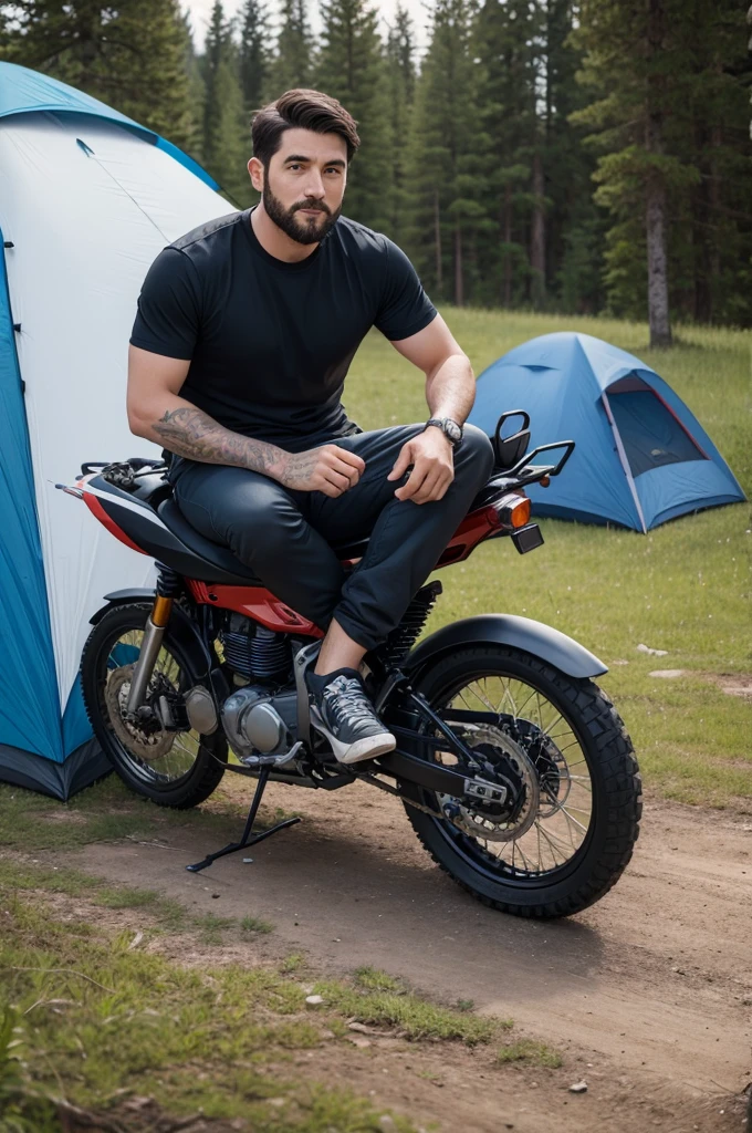 30 year old man camping with his motorbike