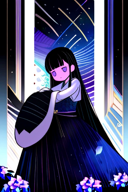 high quality, 8K Ultra HD,A beautiful double exposure image blending a starry sky with blue-purple hydrangea flowers.Colorful illustrations, flashy, Accurate and sensitive touch.Great atmosphere. A beautiful girl with long black hair and bangs wearing a black and white lace dress、He is struggling with a cat in his arms..The costume has a traditional floral pattern., The decoration is delicate and detailed.High resolution.A background filled with colorful patterns depicting ancient symbols and floral motifs. The background is richly painted with geometric shapes.、It gives depth to the character&#39;s presence.。.