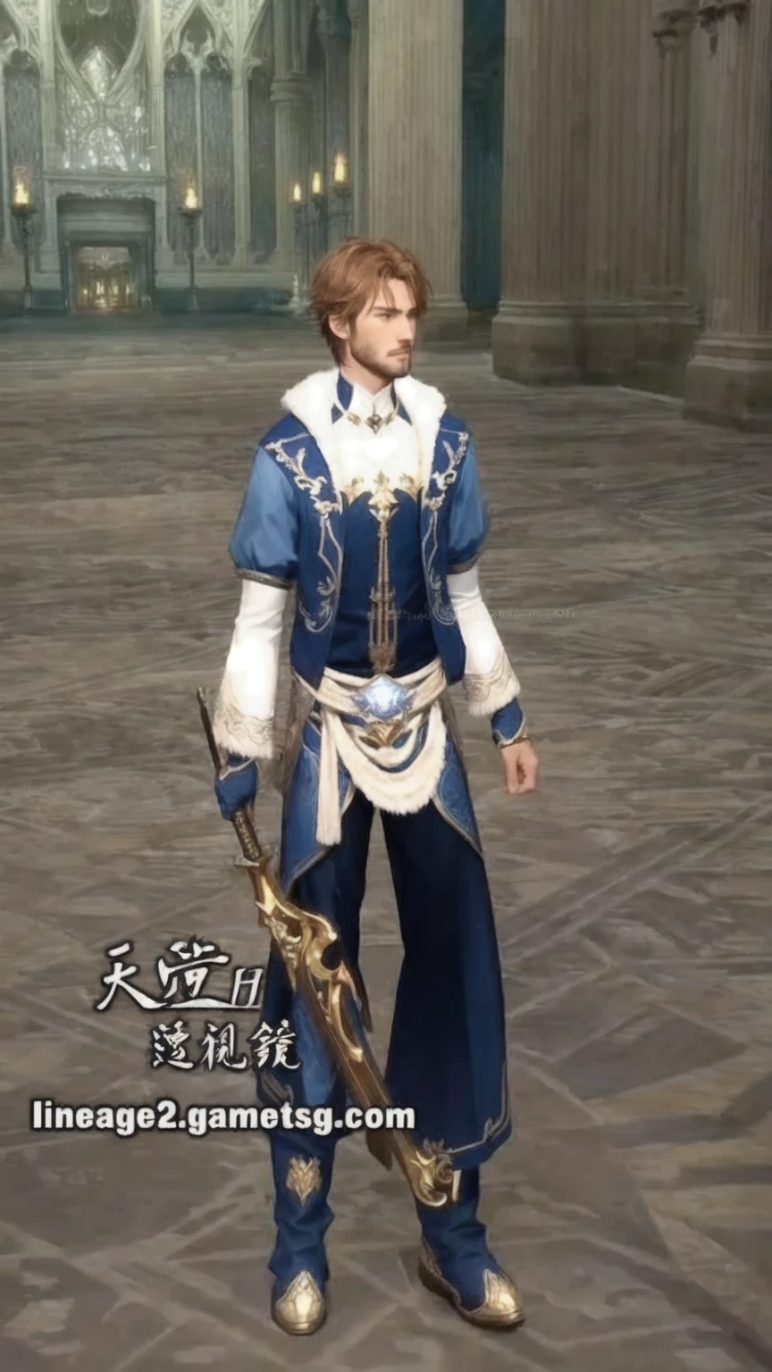 a man in a blue outfit holding a sword, from lineage 2, regal dark blue clothes