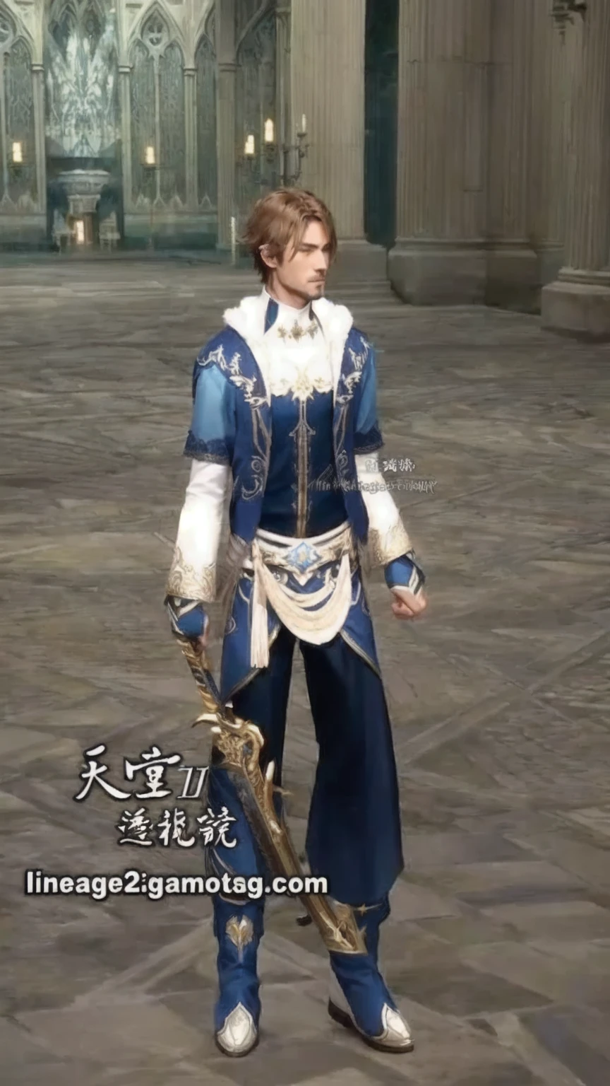 a man in a blue outfit holding a sword, from lineage 2, regal dark blue clothes