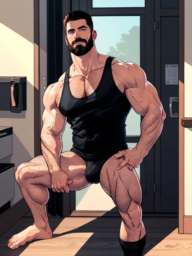1 male, Chris Redfield 50 yo, male focus, beard,muscular male, short hair, pushed back hair style, mature male, (black tank top:1.3), pectoral cleavage, mustache, brown hair, hand on chest, indoors, blue eyes, chest hair, covered abs, muscled legs, big feets, hairy legs, window, door,black briefs, wearing no shoe, black socks(black socks:1.3), full body shot, bulge