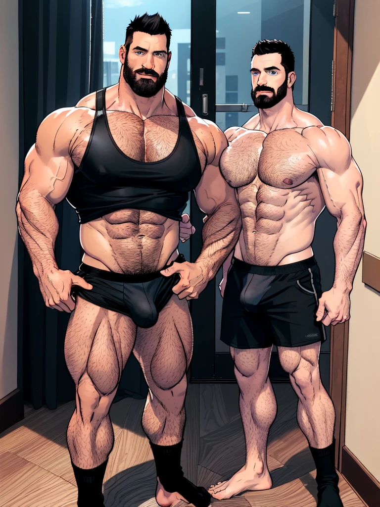 1 male, Chris Redfield 50 yo, male focus, beard,muscular male, short hair, pushed back hair style, mature male, (black tank top:1.3), pectoral cleavage, mustache, brown hair, hand on chest, indoors, blue eyes, chest hair, covered abs, muscled legs, big feets, hairy legs, window, door,black briefs, wearing no shoe, black socks(black socks:1.3), full body shot, bulge