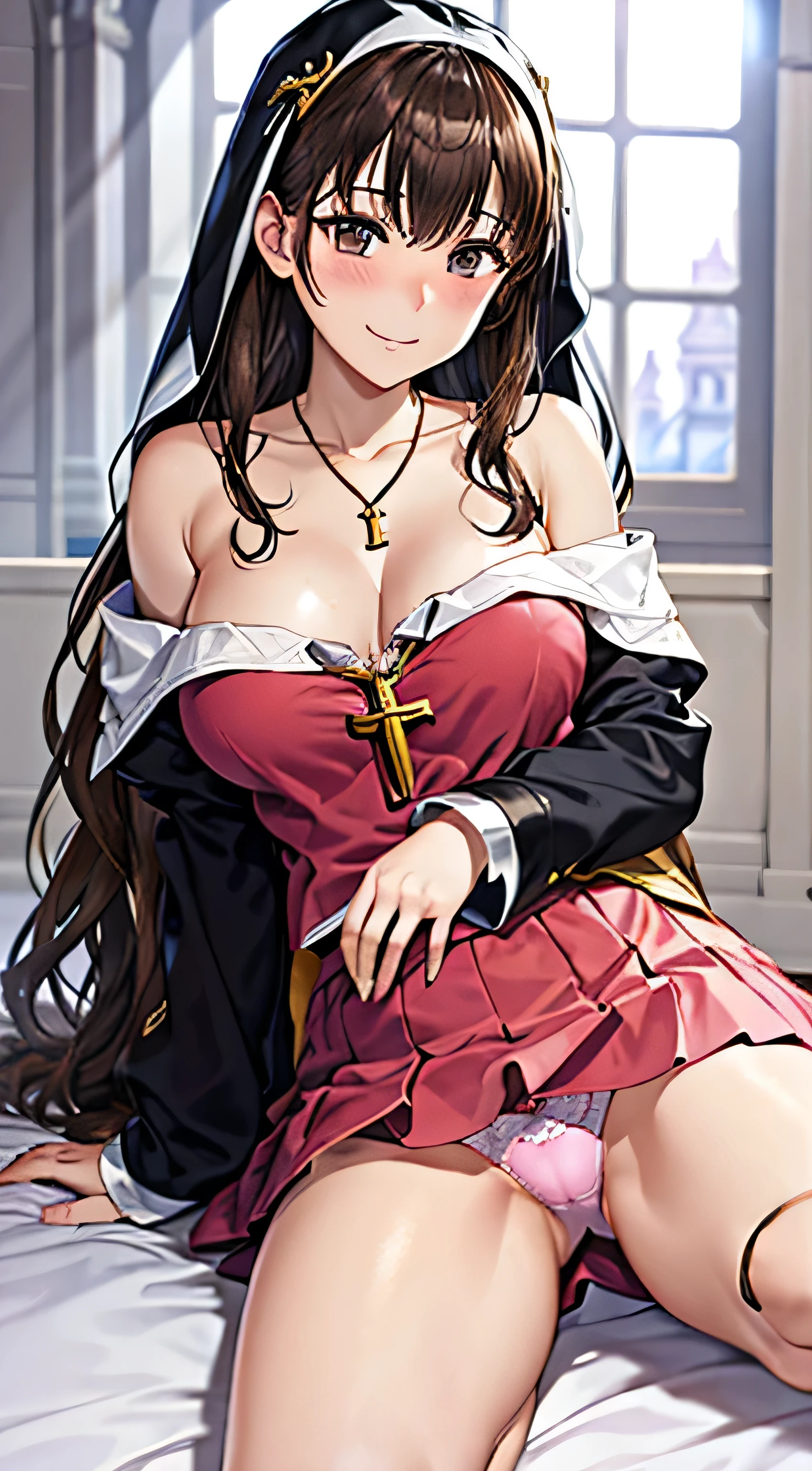 ((Tabletop, Highest quality, High resolution, , Pixel Perfect, 4K,))), 1 female, 、The whole body is visible、 ((Long Wavy Hair, bangs, Brown Hair)), ((Brown eyes, Beautiful eyelashes, Realistic eyes)), ((Detailed face, Blushing:1.2)), ((Smooth texture:0.75, Realistic texture:0.65, Realistic:1.1, Anime CG Style)), Medium sized breasts, Dynamic Angle, Perfect body, (( , , Beautiful Priest、、 Priest off-shoulder jacket、Priest Flare Skirt、、)), Gold Hair Ornament、Cross Necklace、、Very embarrassing panic smile, 、Gorgeous church basilica、Sitting on the floor、Get on one knee、Lying in bed、、Hold a big Bible、、Nipples are slightly visible、、Pink lace panties are visible、Spread your legs、、、、 、Angle from below)、