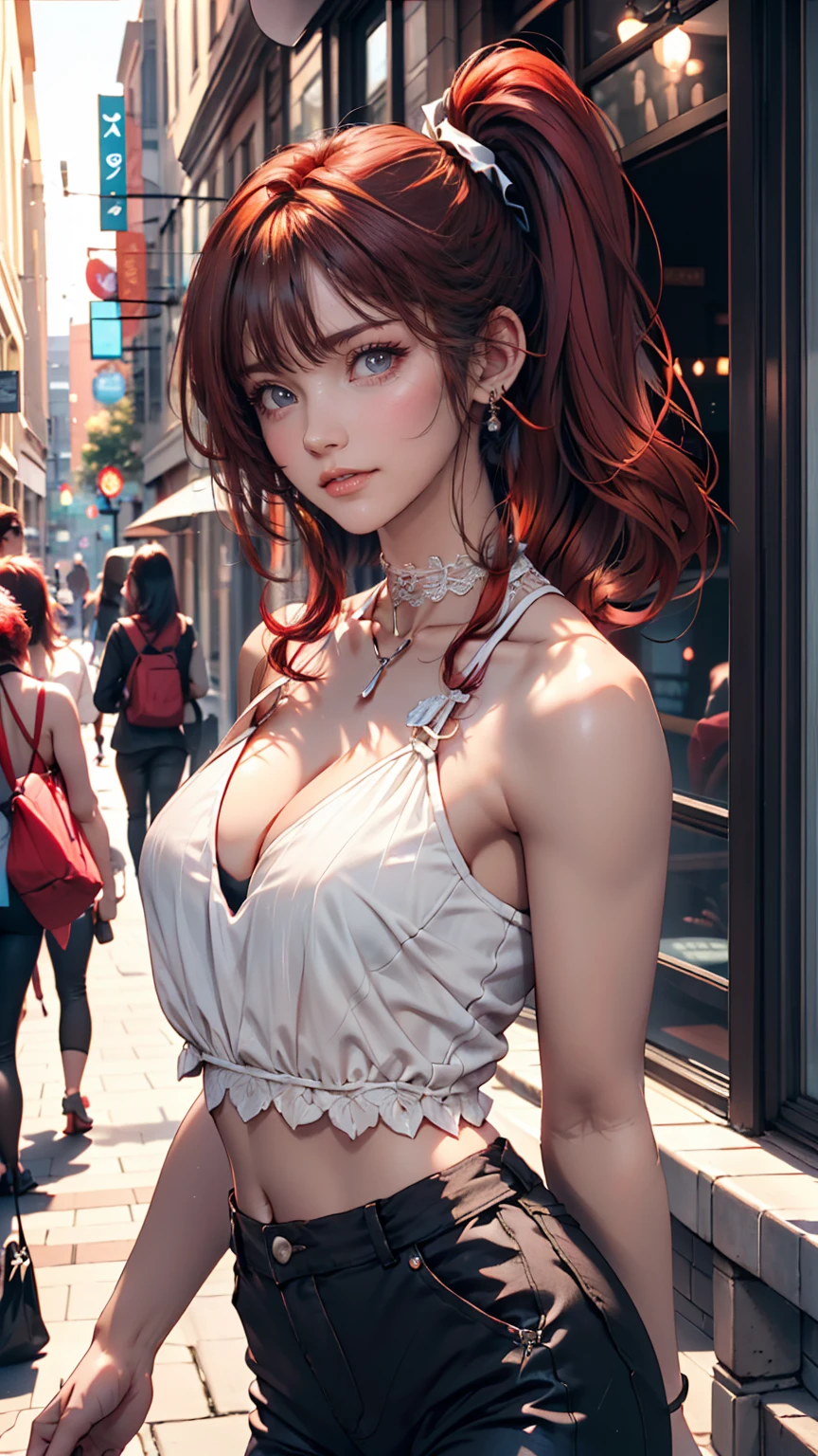 24 year old Caucasian female、Red hair、Inner Color((colored inner hair))、Gradient color hairstyle ((gradient hair))、Long eyelashes((longeyelashes))、High neck/Halter neck((high neck halter neck))Wear tops、Wear hot pants、Leaning against the wall of a downtown building、smile、Lace-decorated choker、Side Ponytail((side ponytail))