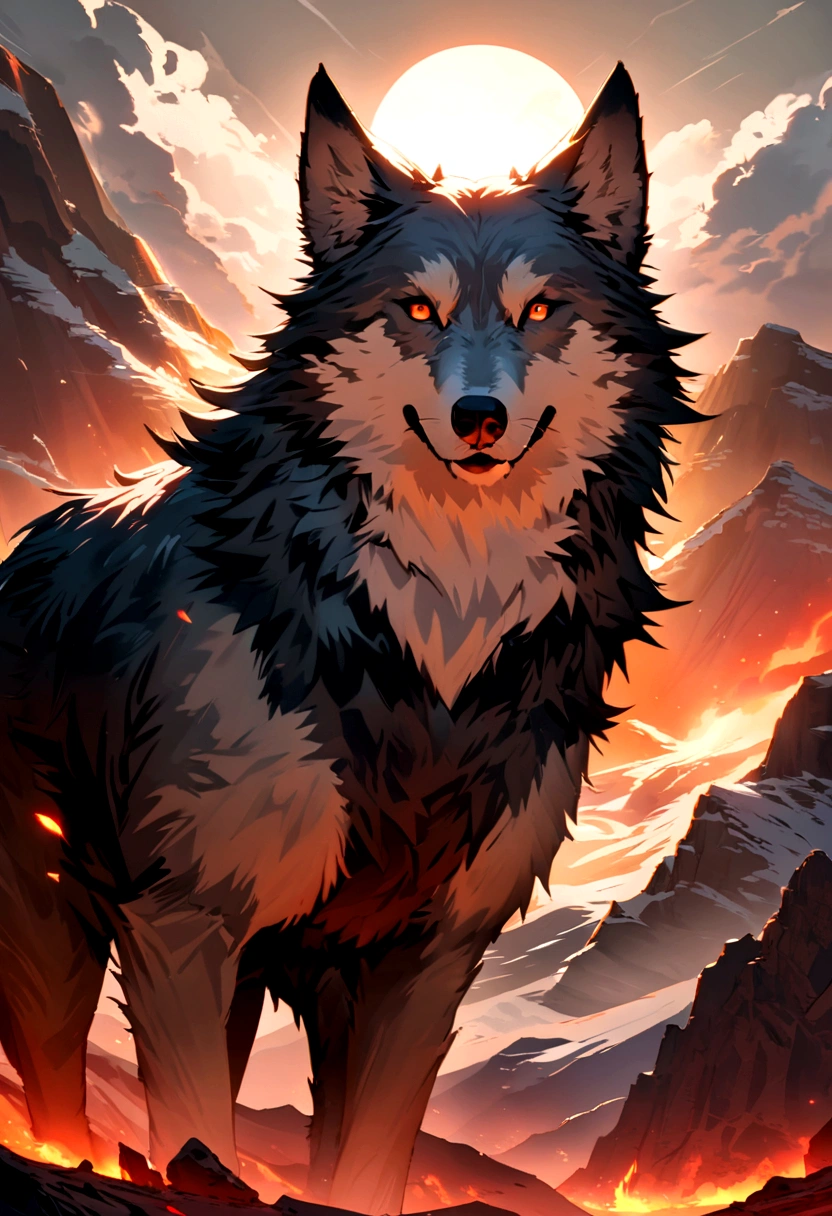 This is a surreal 32K Russia,Caucasus Mountains, Portrait of the mythical beast wild wolf, Capture every pore and texture with delicate texture and shape, A huge wild wolf with fiery red stripes, Fire around the wolf, Wolf looking forward, Wolf Crawls, Contrast with the surrounding landscape,((Super massive)),color red,In the background is the sky, Unreal Engine5,dreamy scenes,shocking