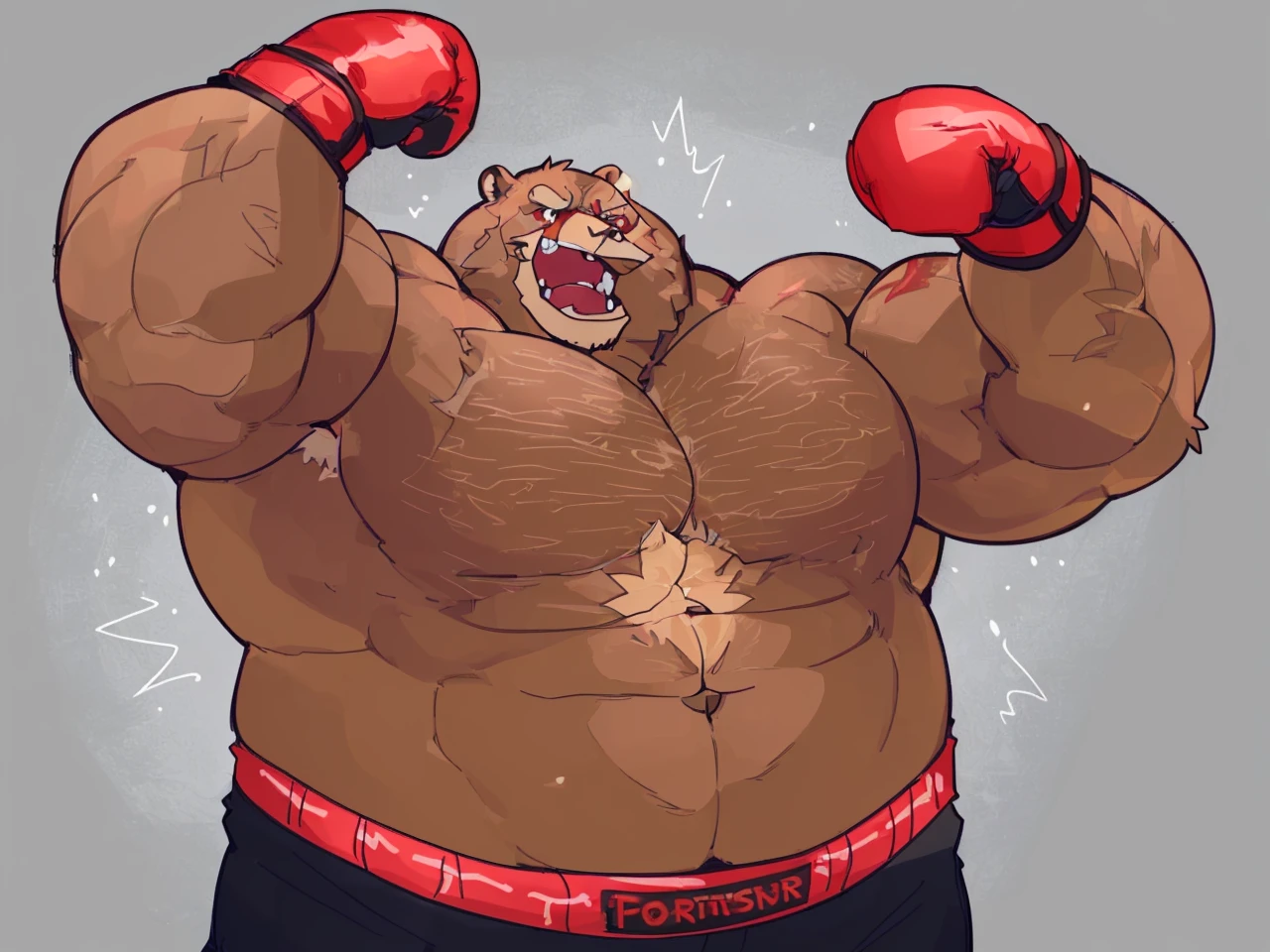 a huge muscular kodiak brown bear, extremely detailed brown fur, powerful pecs, beer belly, veins popping,red boxing gloves, black boxing pants with red line, flexing for boxing victory, masterpiece, 8k, ultra-detailed,realistic,photo-realistic,physically-based rendering,vivid colors