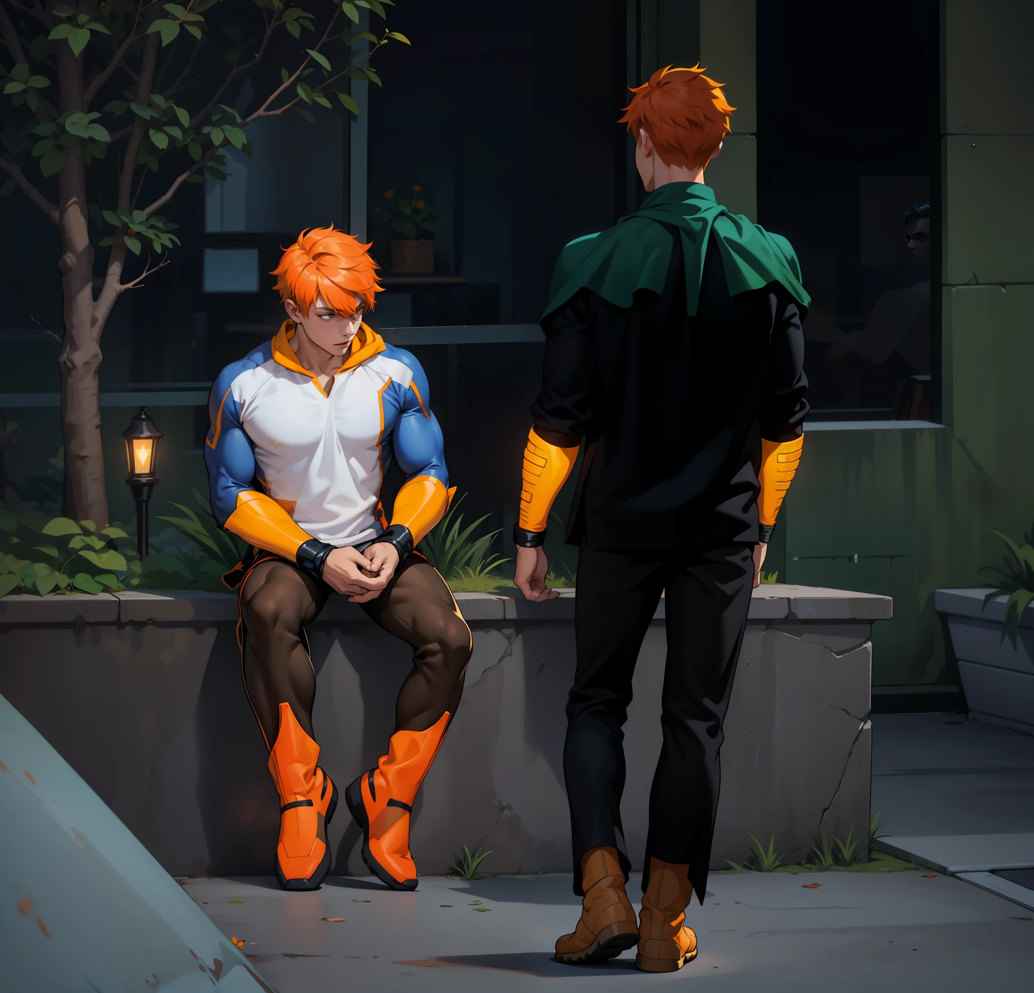 There are two young men of 17, one sitting with orange hair and the other walking towards him., They both have superhero costumes, they have golden superhero boots, the clothes are tight to the body, you can see some muscles on them.