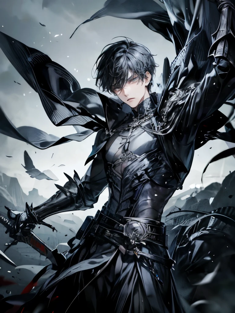 Generate an image of a tall man with sleek black short hair tousled upwards, piercing gray eyes, attire that alternates between a solid black fabric and plates forming a black scale armor. He carries a medium-sized sword on his back and two daggers on the sides, with a dead fish expression in his gaze.