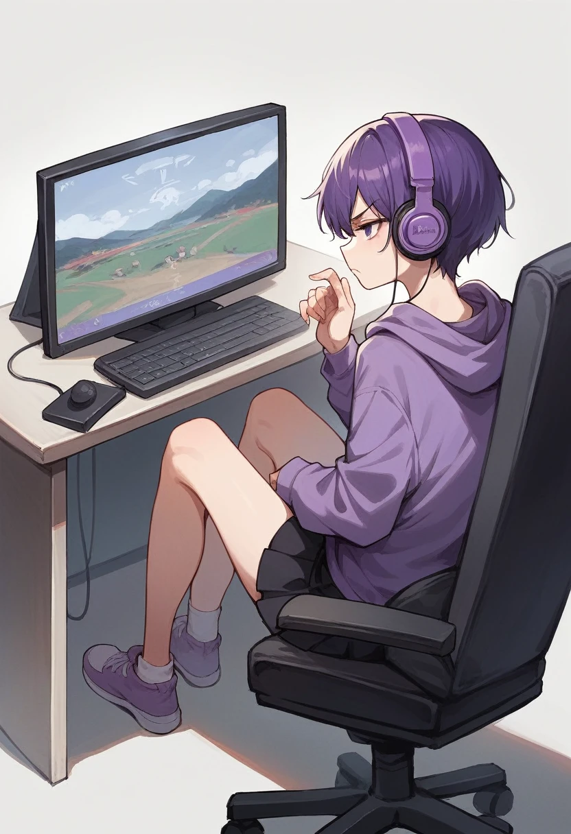 score_9, score_8_up, score_7_up, score_6_up, score_5_up, score_4_up, sideview, sitting on a chair, anime girl, purple short hair, purple hoodie, flat chest, black skirt, girl with headphones, girl gaming in front a computer, computer table, grumpy expression, focus on girl, full body, bad back posture, crooked back