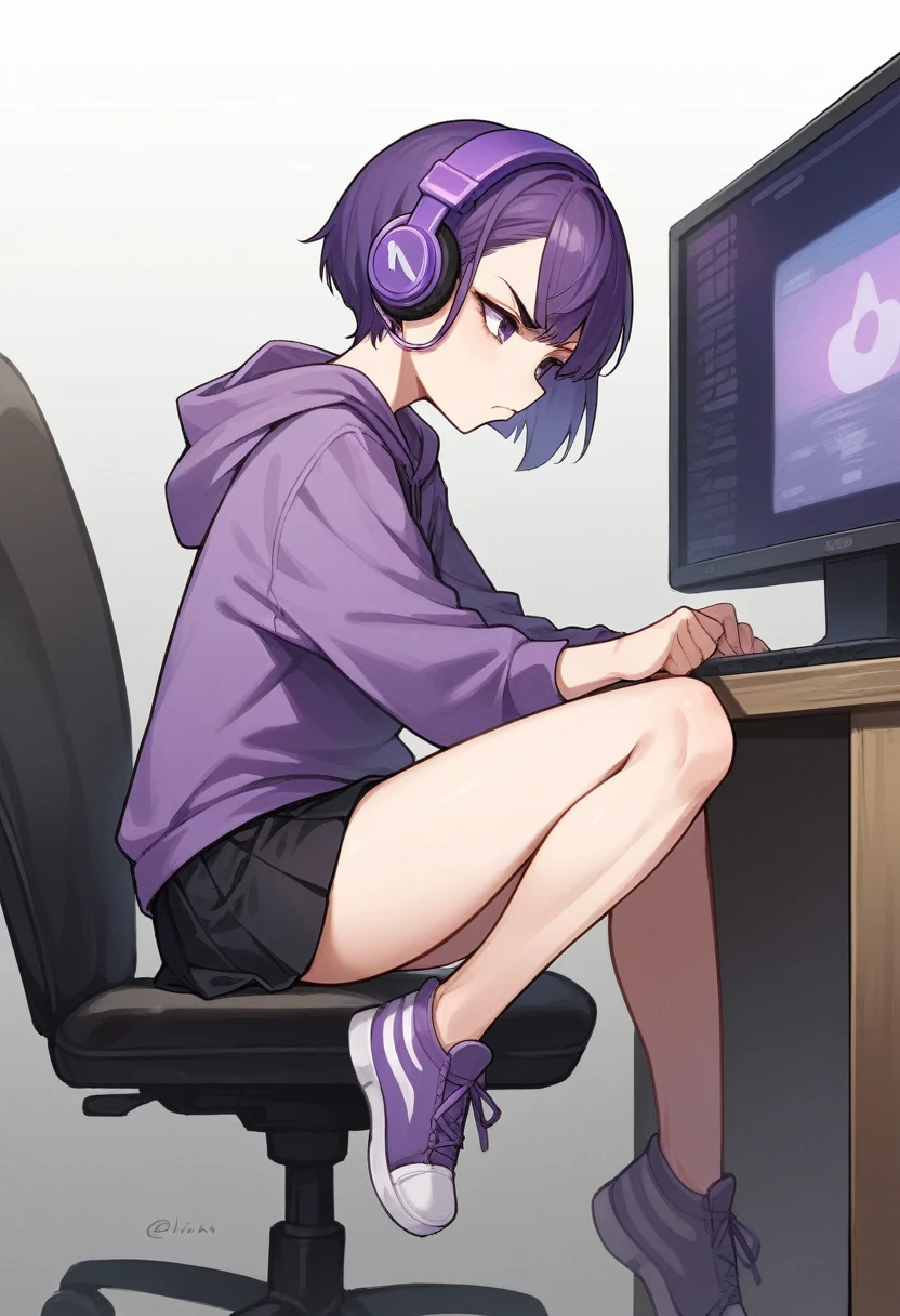 score_9, score_8_up, score_7_up, score_6_up, score_5_up, score_4_up, sideview, sitting on a chair, anime girl, purple short hair, purple hoodie, flat chest, black skirt, girl with headphones, girl gaming in front a computer, computer table, grumpy expression, focus on girl, full body, bad back posture, crooked back