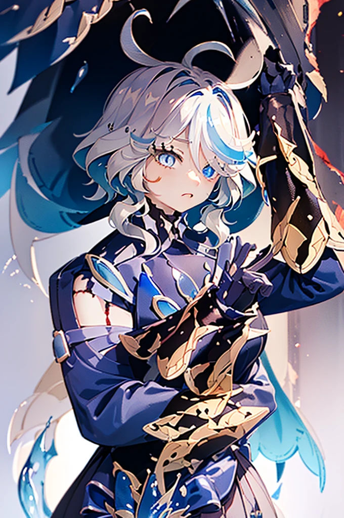 ((1 GIRL)) ((2d anime girl)), ((Japanese)) mature female,18-year-old, ((2d anime girl)), ((short dark-haired)), ((windswept hair)) ((ultra high quality))((flawless))((4k UHD)) ((Best Quality)) ((Daytime)) ((eyes glowing red )), wearing a ((black long sleeve shoulderless T-shirt)) with the slogan ((KAIJU)) in RED letters, wearing blue jeans and black and yellow sneakers with (((blood splattered))) on it and her face, standing in the street ((facing toward the camera)) in a ((ruined city)) filled with ((heavily damaged)) and worn (( tall skyscrapers with gaping holes in their structures while on fire)) and ((crushed vehicles on fire)) and small and ((raging fires all around)) and an expressionless look on her face, with a giant monster kaiju-beast in the distance looking furocious.