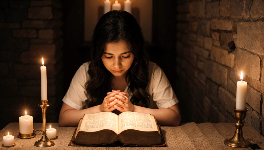a woman praying with her hands crossed, in front of a candle, and a bible in front