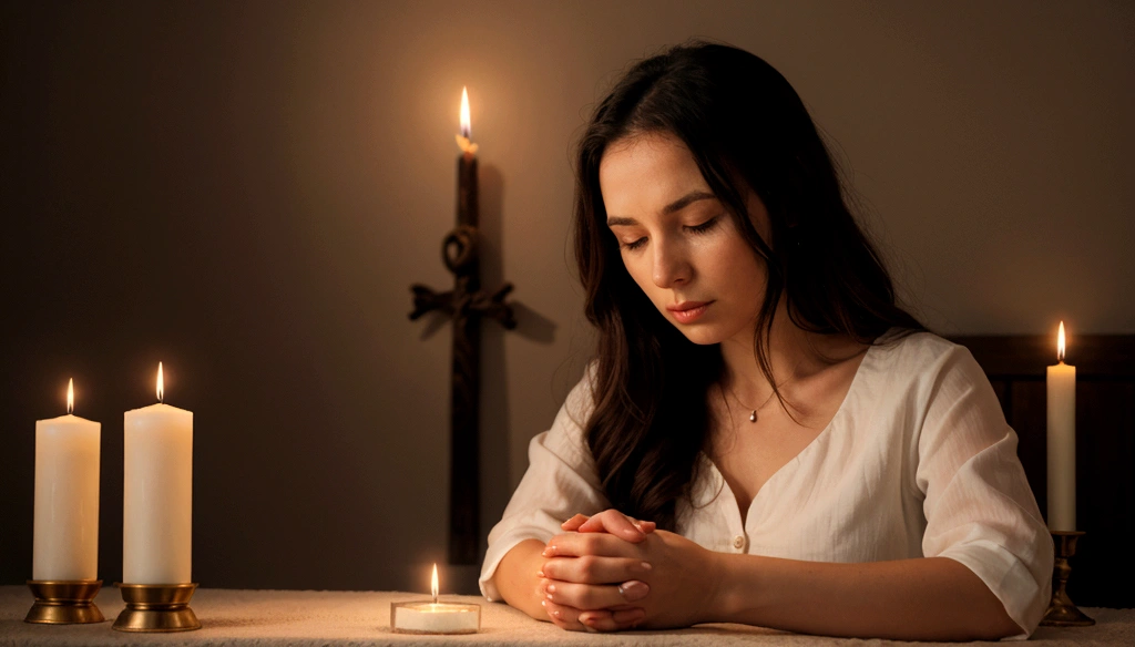 a woman praying with her hands crossed, in front of a candle, and a bible in front