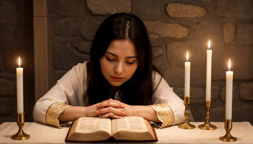 a woman praying with her hands crossed, in front of a candle, and a bible in front