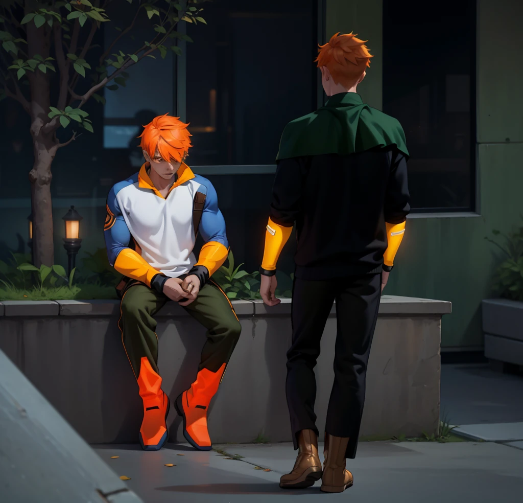 There are two 16 year olds, one sitting with orange hair and the other walking towards him., They both have superhero costumes, they have golden superhero boots, they are slim but athletic.
