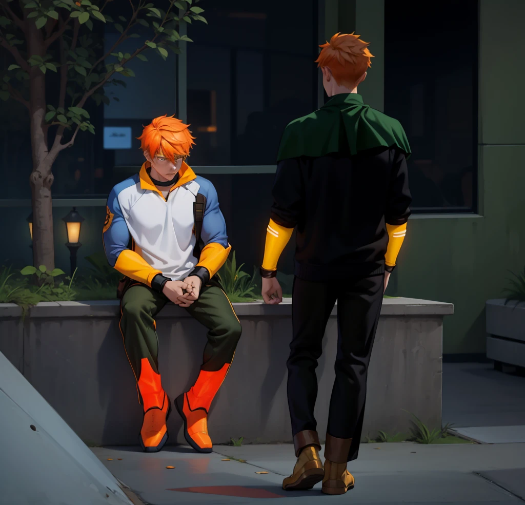 There are two 16 year olds, one sitting with orange hair and the other walking towards him., They both have superhero costumes, they have golden superhero boots, they are slim but athletic. 