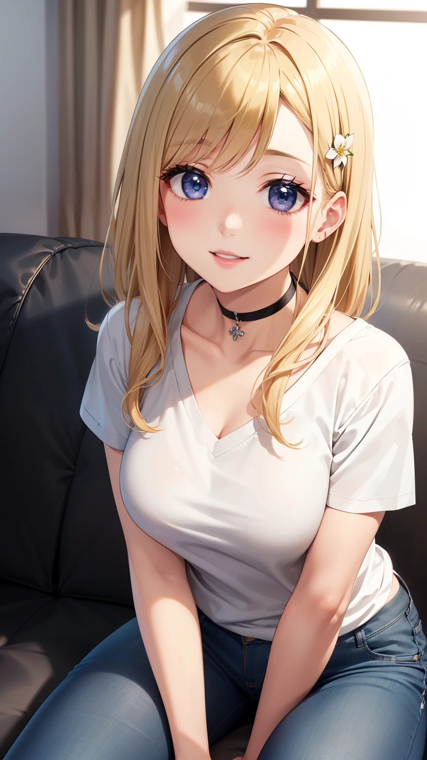 masterpiece, best quality, highly detailed, ultra high res, ayase arisa, kitagawa marin, 1girl, solo, hair ornament, flower in hair, blonde hair, glossy lips, full lips, choker, jeans, v-neck t-shirt, light smile