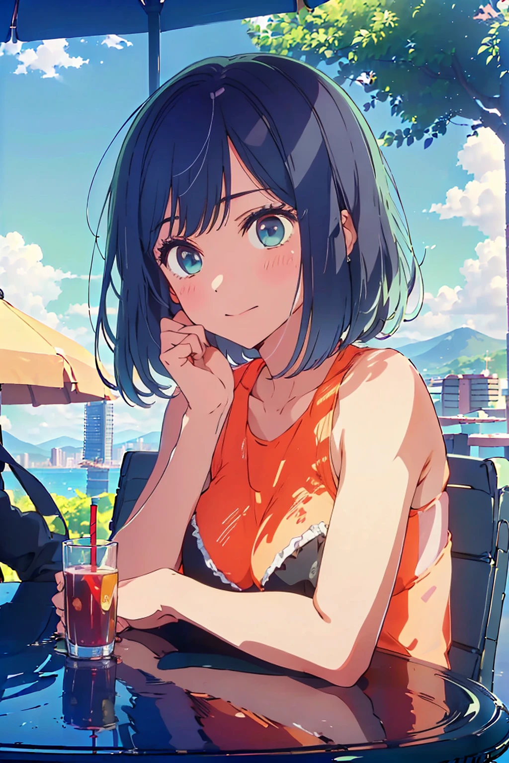 (Highest quality:1.4、masterpiece:1.4、超detailed:1.4、Ultra-high resolution:1.4、Absurd:1.4、Absolute Resolution:1.4、8K:1.4、detailed:1.4)、Slim body、((((1 person、sit、Happy expression、Chair、In the background are the urban buildings of Tokyo、looking at the camera、Outdoor café terrace、Navy hair color、juice、table、Very cute face))))、((((nude、very beautiful areola、valley))))、(Pose with hands tucked behind ears:1.4、Cheek resting on hand:1.4)、(bikini:1.1)、Very blue sky、A completely cloudless sky
