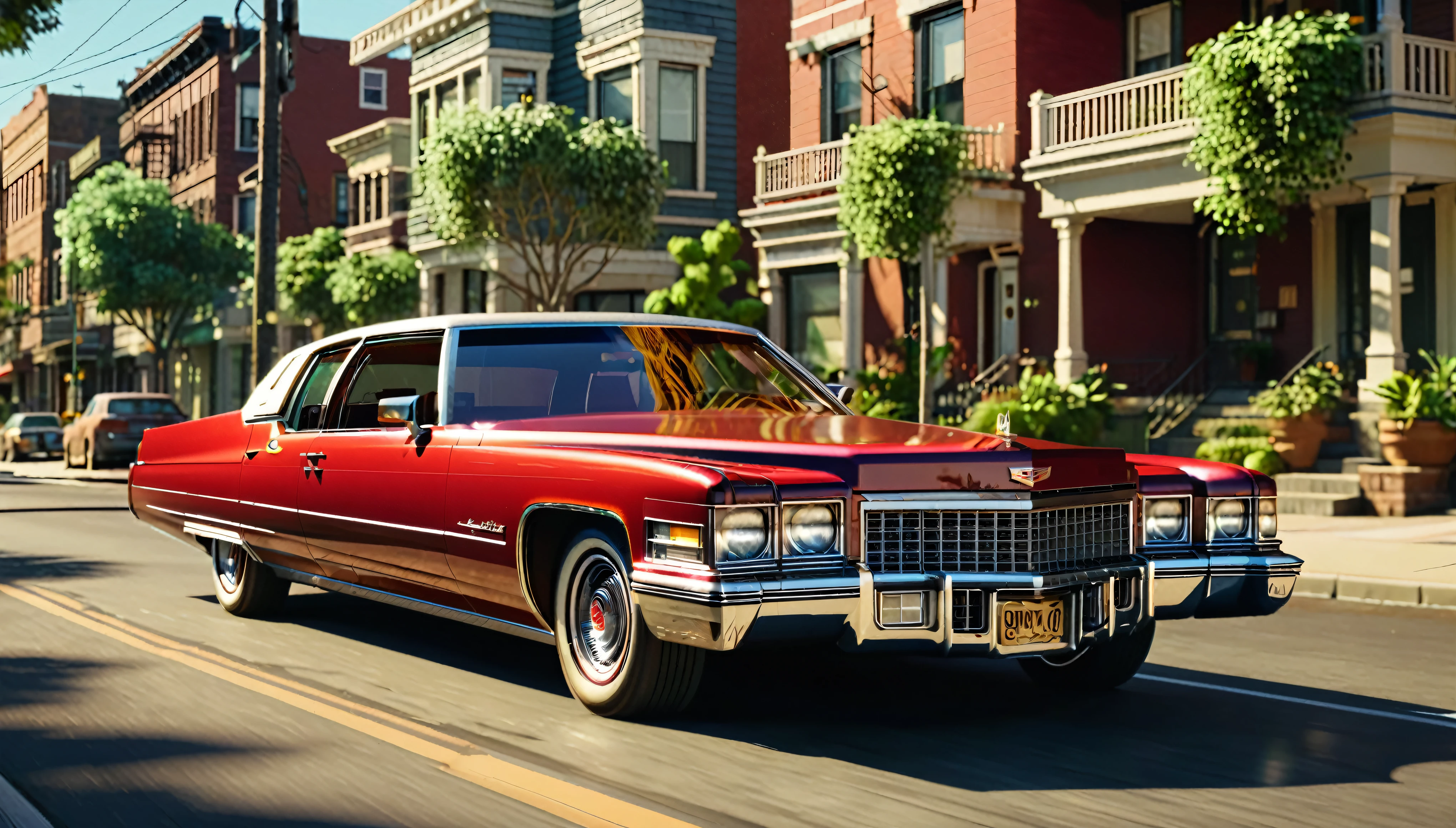 Generate an image of a 1970s red Cadillac with a tan interior driving down a sunny American street. The car should have a sleek, vintage design with chrome details and a large size, capturing the classic vibe of the era. The background should feature some greenery and buildings, reflecting a typical suburban setting. cinematic action, cinematic lighting, backlighting, masterpiece, anatomically correct, textured skin, super detail, 8k atmospheric perspective, depth of field,
