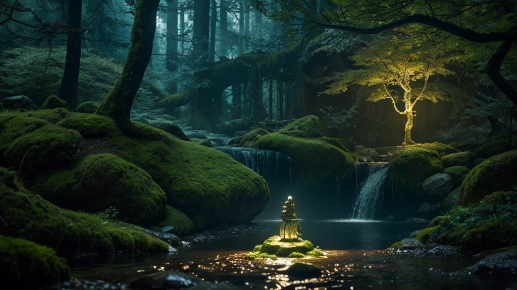 giant beautiful lady stone statue, glowing moss, night forest, glowing insects, water stream, hidden abandoned place, dnd, elden ring, fantasy setting, hd, unreal engine render, ray tracing, artstation, medieval setting, magic, closeup look