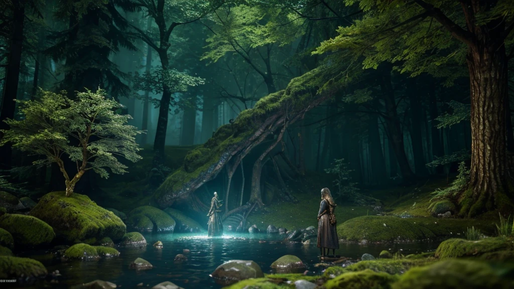 giant beautiful lady stone statue, glowing moss, night forest, glowing insects, water stream, hidden abandoned place, dnd, elden ring, fantasy setting, hd, unreal engine render, ray tracing, artstation, medieval setting, magic, closeup look