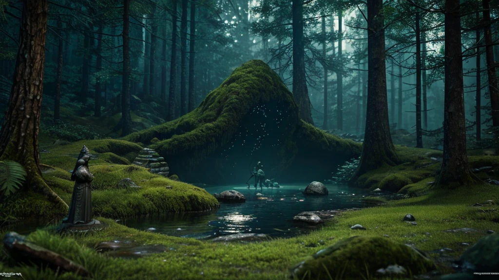 giant beautiful lady stone statue, glowing moss, night forest, glowing insects, water stream, hidden abandoned place, dnd, elden ring, fantasy setting, hd, unreal engine render, ray tracing, artstation, medieval setting, magic, closeup look