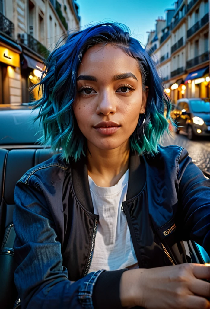 A beautiful mixed-race woman with blue hair, casual selfie in a car, wearing a dark blue jacket and black t-shirt, on a Parisian street, warm lighting, atmospheric, moody, vibrant colors, (best quality,4k,8k,highres,masterpiece:1.2),ultra-detailed,(realistic,photorealistic,photo-realistic:1.37)