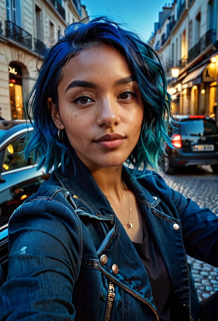 A beautiful mixed-race woman with blue hair, casual selfie in a car, wearing a dark blue jacket and black t-shirt, on a Parisian street, warm lighting, atmospheric, moody, vibrant colors, (best quality,4k,8k,highres,masterpiece:1.2),ultra-detailed,(realistic,photorealistic,photo-realistic:1.37)
