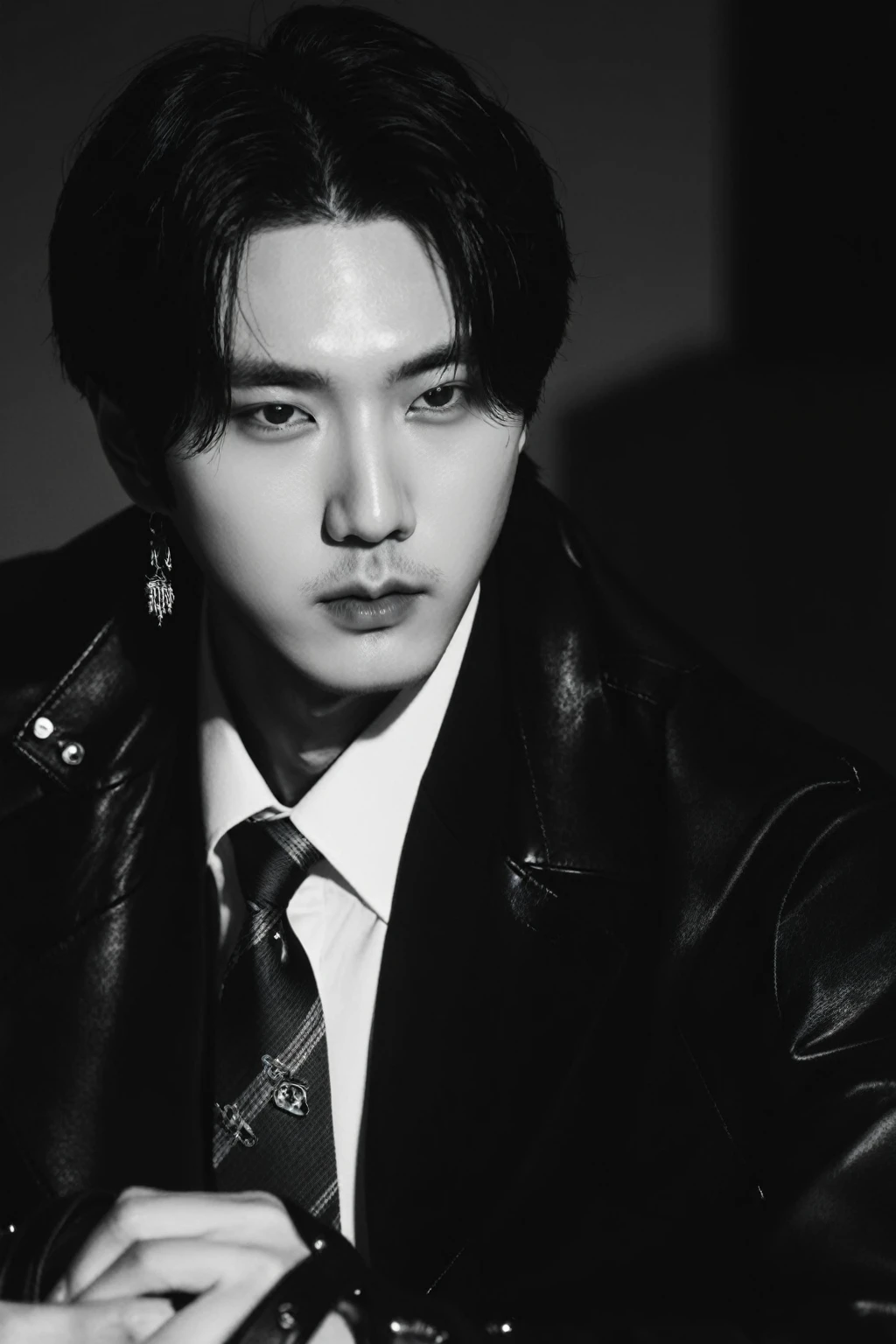 Arafed image of a man in a leather jacket and tie., cai xukun, kim taejin, jinyoung shin, key still, close up portrait, black haired yoongi, hyung tae, closeup portrait, jungkook, Jung Jaehyun, Official photo, close - up portrait, ten reads, Conceptual photo, from my part, portrait, jinyoung shin aesthetic