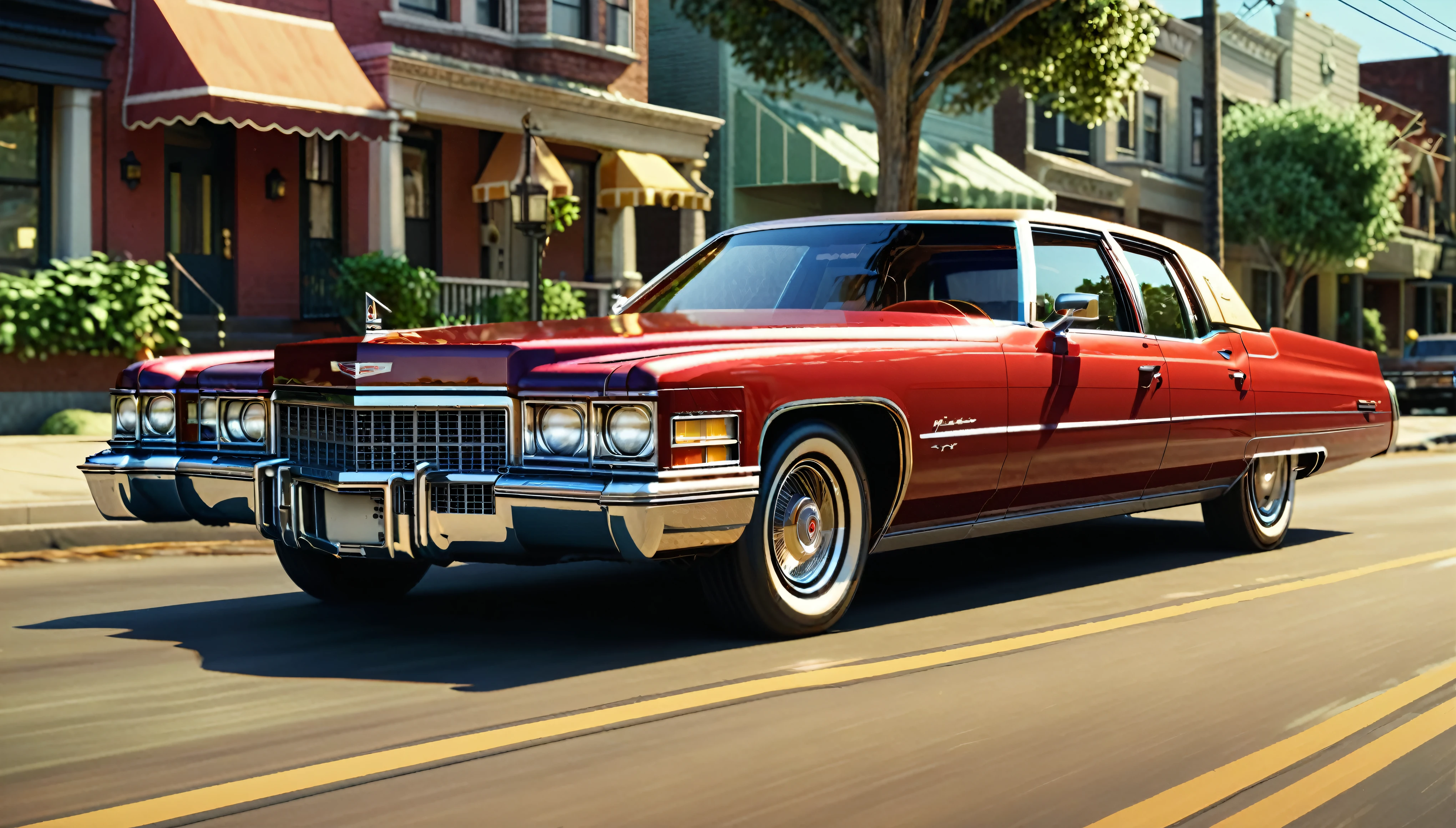 Generate an image of a 1970s red Cadillac with a tan interior driving down a sunny American street. The car should have a sleek, vintage design with chrome details and a large size, capturing the classic vibe of the era. The background should feature some greenery and buildings, reflecting a typical suburban setting. cinematic action, cinematic lighting, backlighting, masterpiece, anatomically correct, textured skin, super detail, 8k atmospheric perspective, depth of field,
