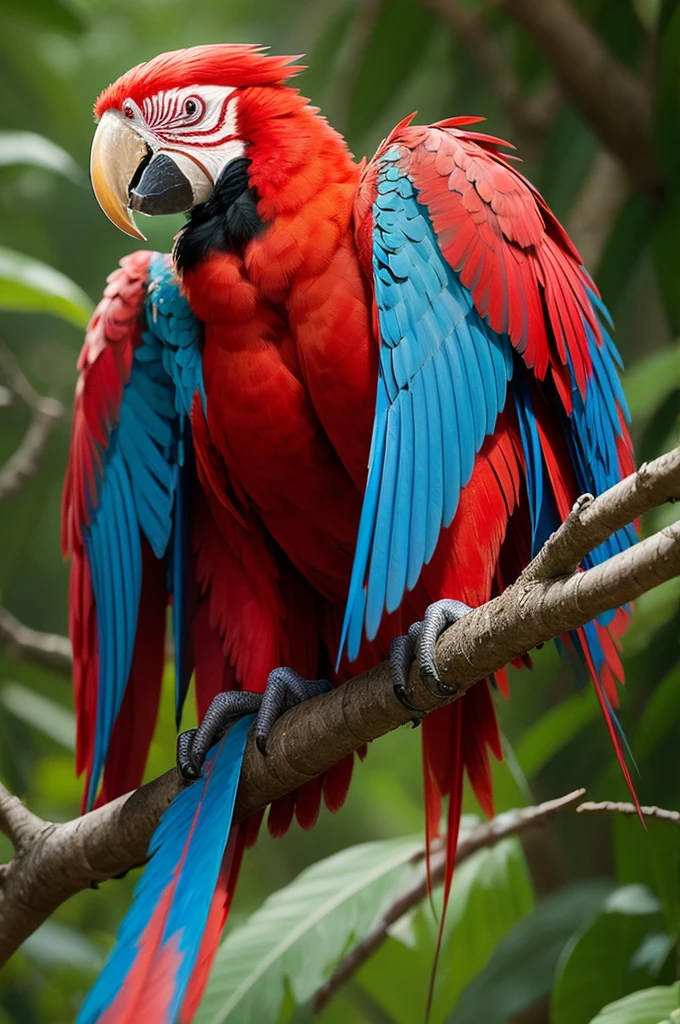 Make a realistic drawn red macaw with open wing
