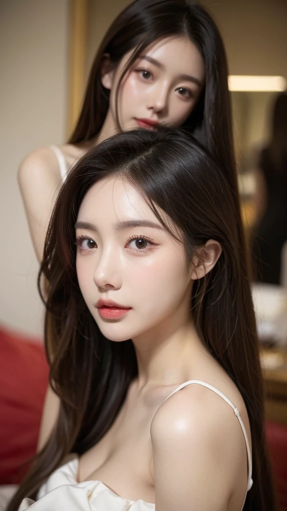 hair extensions、straight hair、brigh gold、Eyeshadow、fair skin、