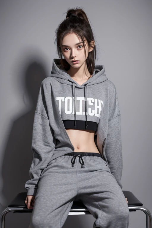girl, 12 years, Very thin girl, Cozy clothes, Oversized, baggy clothes, Grey tracksuit, Girl sitting on a chair, very bad posture, very short hoodie, terrible posture, sunken tummy, very thin waist, very skinny belly