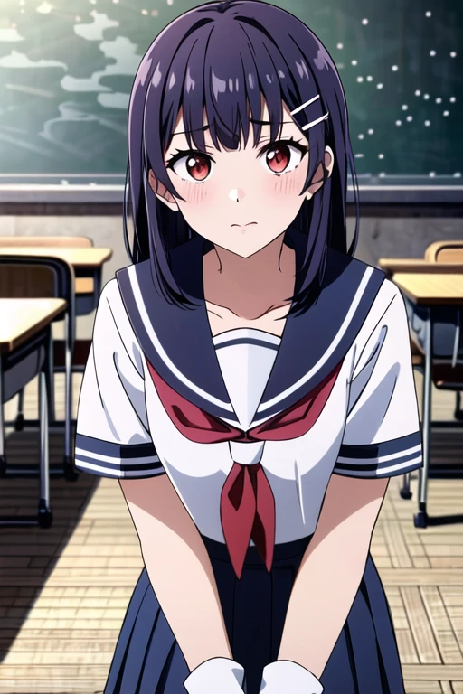 masterpiece, best quality, absurdres, YamashiroRen, blunt bangs, hair ornament, skirt, , short sleeves, pleated skirt, serafuku, socks, blue skirt, neckerchief, red neckerchief, white sailor collar, close portrait ,, teen body and face, classroom, indoor, tokyo scenery, street