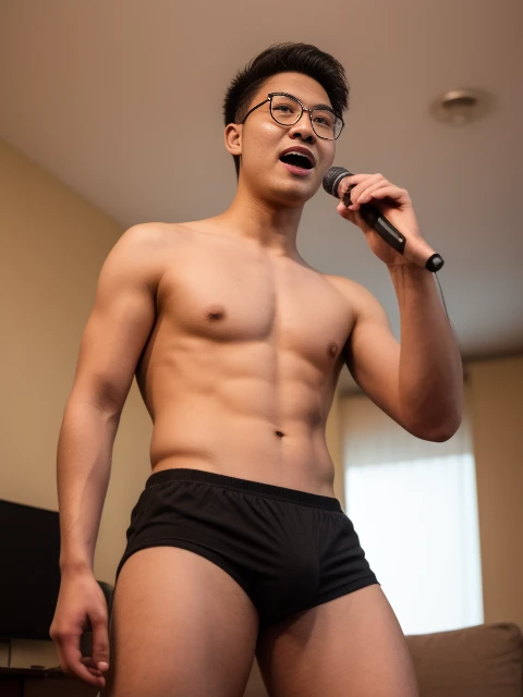 1man, solo, (Andrew thomas huang, neat muscular, oval face, bulge:1.2 ,(eyeglasses), shirtless, black short shorts, singing), 1hand holding microphone, living room, karaoke