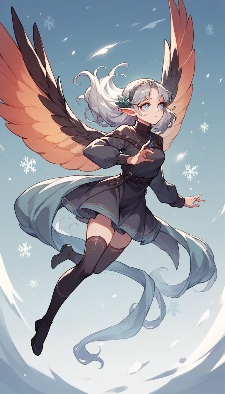 A pale-skinned elf woman, snowy-gray hair and round lilac eyes, with pointy ears. She wears a linen outfit with low necklines and parts of her body showing, adjusted to her slender silhouette and has large wings., suitable for flying.