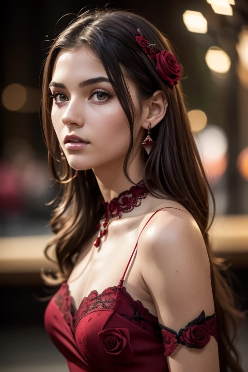 8k, RAW photo, Fujifilm, style photo of a beautiful 16 year old woman, square face, a red rose on the neck, wearing black lace dress with red, golden earrings, strong features like a spinning dove, (highly detailed skin: 1.2), medium brown hair with lights, film grain, 35mm, cute style