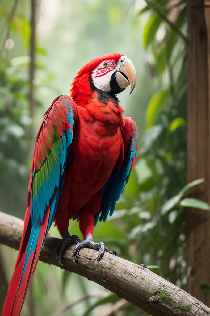 Make a realistic drawn red macaw with open wing