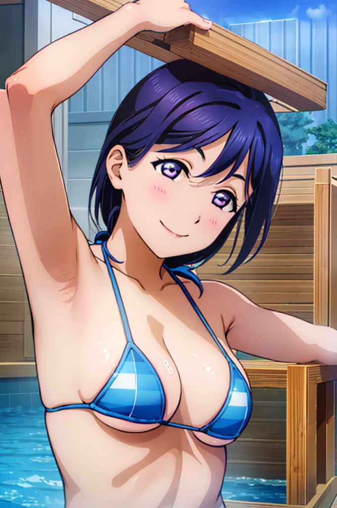 (((pixel-perfect, detail-perfect))), solo, 1girl, kanan matsuura, smile, eyes violet, hair blue, sauna pool, bikini, armpit, medium filesize, ultra High Qality
