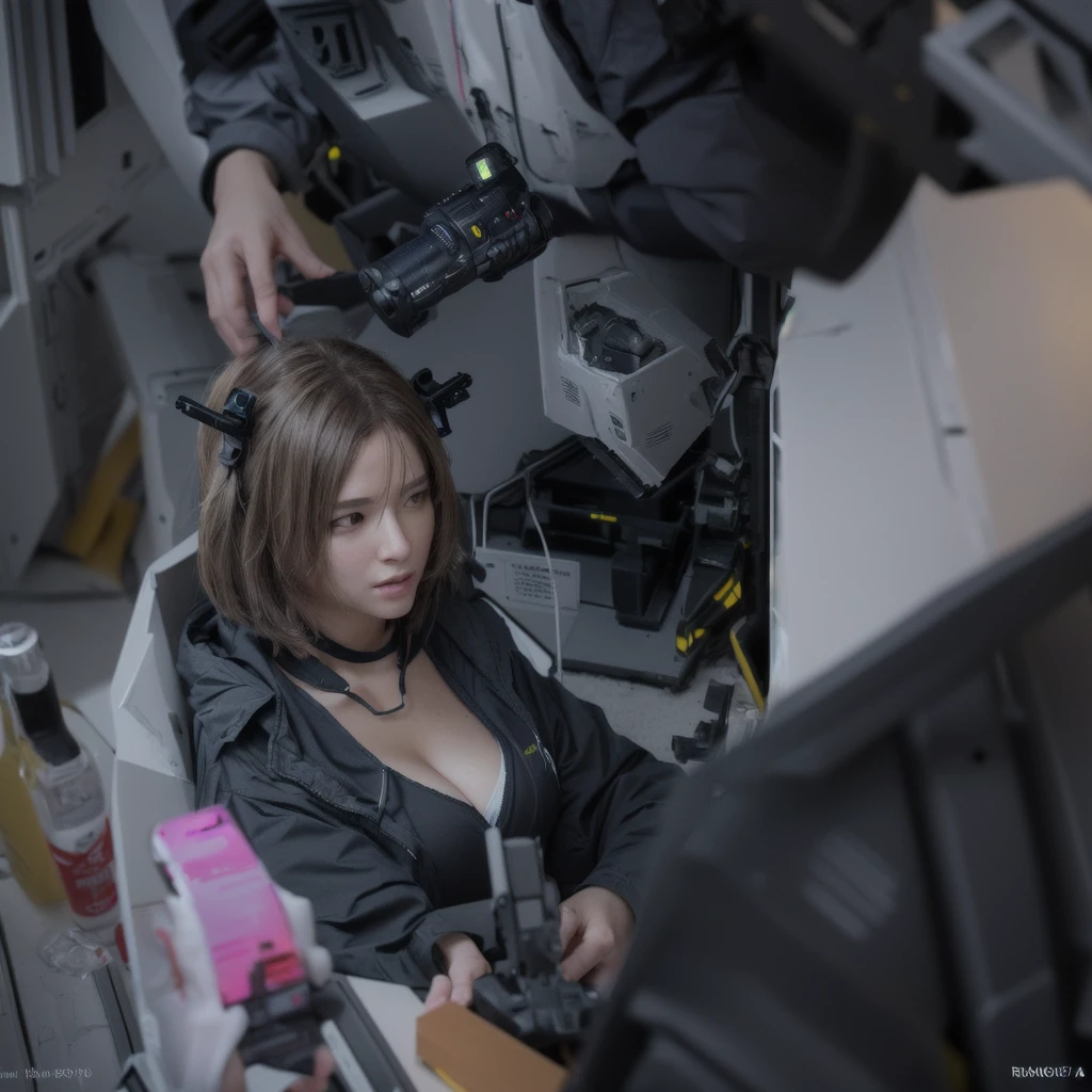 there is a woman that is talking on her cell phone, rendered in sfm, captured on canon eos r 6, discarded mechsuit in background, [ 4 k photorealism ], cinematic shot ar 9:16 -n 6 -g, heavy vignette!, detailed cinematic shot, [ 4 k photorealism ]!!, [ 4 k photorealism ]!!!