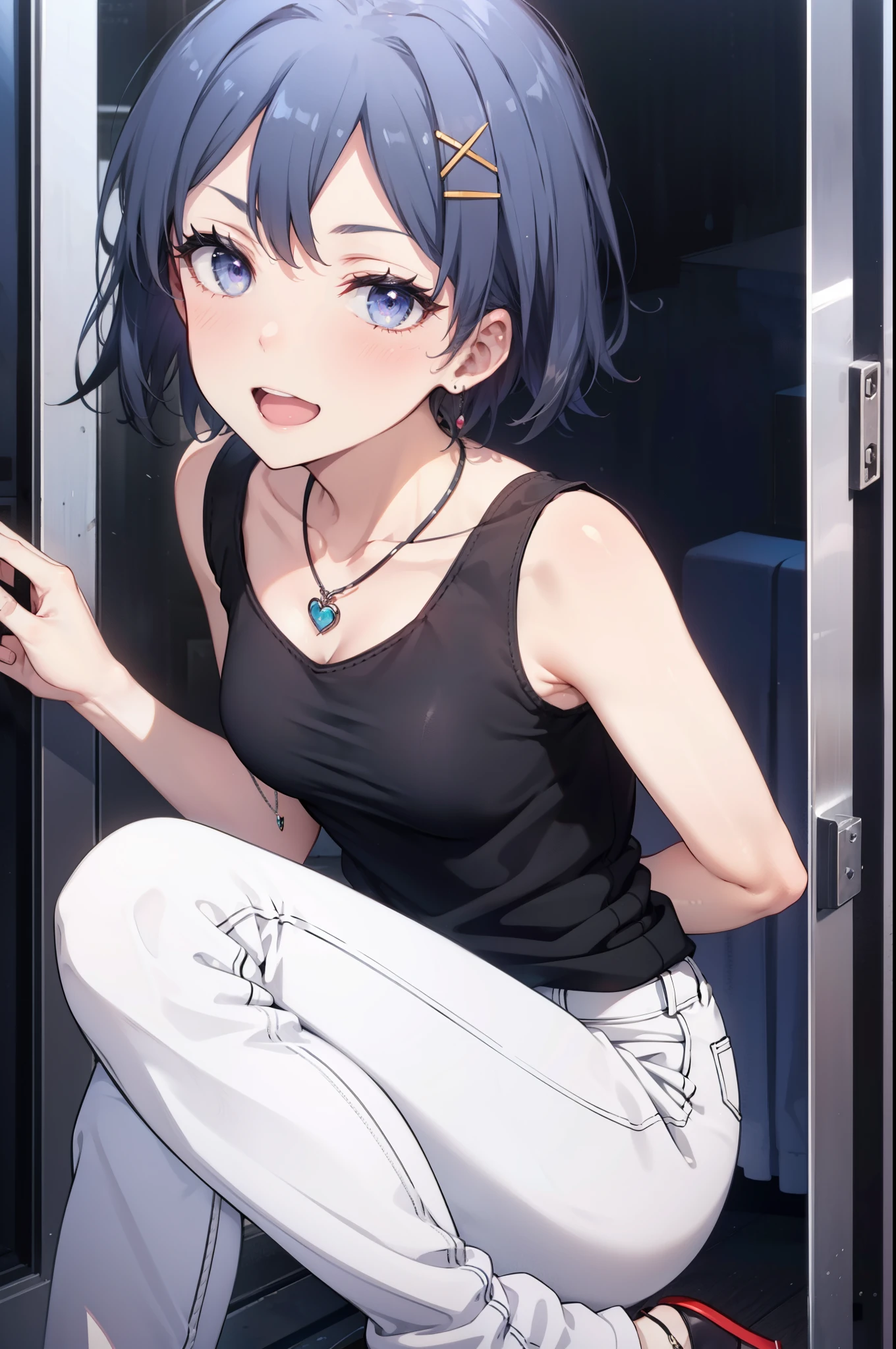 komachihikigaya, komachi hikigaya, short hair, Black Hair, hair ornaments, Ahoge, Hair Clip, x hair ornaments, (Purple eyes:1.1), tooth, happy smile, smile, Open your mouth, black tank top shirt,Locket Necklace,Skinny jeans,Stiletto heels,morning,morning陽,The sun is rising,Walking,whole bodyがイラストに入るように,
break outdoors, Building district,
break looking at viewer,whole body,
break (masterpiece:1.2), Highest quality, High resolution, unity 8k wallpaper, (figure:0.8), (Beautiful attention to detail:1.6), Highly detailed face, Perfect lighting, Highly detailed CG, (Perfect hands, Perfect Anatomy),