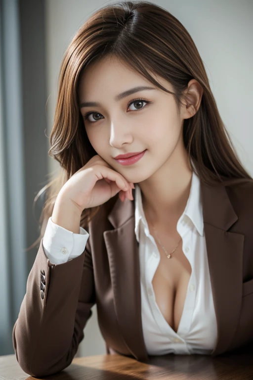 On the table, best quality, Practical, Super detailed, Finely, high resolution, 8k wallpaper, 1 Beautiful woman,, Light brown messy hair, Wearing a suit, Clear focus, Perfect dynamic composition, Beautiful and delicate eyes, Thinning hair, Detailed Practical skin texture, Smile, Model figure