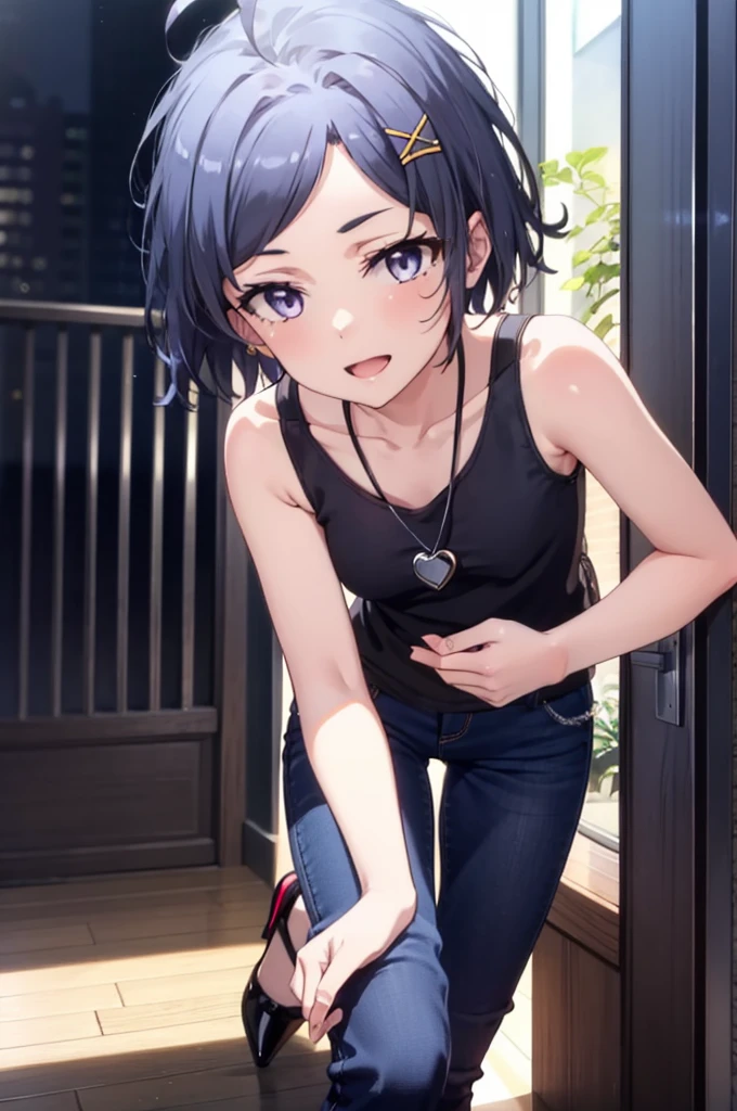 komachihikigaya, komachi hikigaya, short hair, Black Hair, hair ornaments, Ahoge, Hair Clip, x hair ornaments, (Purple eyes:1.1), tooth, happy smile, smile, Open your mouth, black tank top shirt,Locket Necklace,Skinny jeans,Stiletto heels,morning,morning陽,The sun is rising,Walking,whole bodyがイラストに入るように,
break outdoors, Building district,
break looking at viewer,whole body,
break (masterpiece:1.2), Highest quality, High resolution, unity 8k wallpaper, (figure:0.8), (Beautiful attention to detail:1.6), Highly detailed face, Perfect lighting, Highly detailed CG, (Perfect hands, Perfect Anatomy),